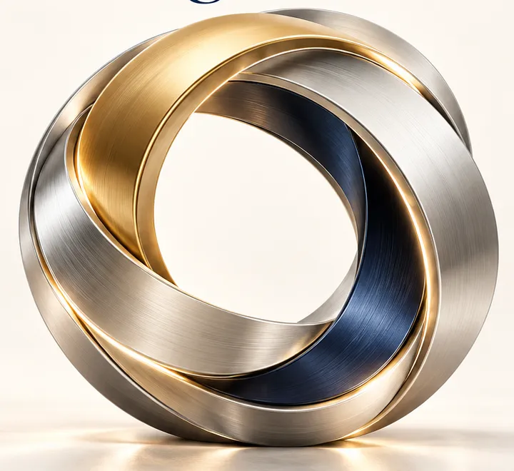 Sculpture of three interlocking brushed metal rings in gold, silver and navy.